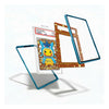 A clear acrylic Pokémon card protector case with a metallic blue frame, shown holding a graded Pokémon TCG card. The image also shows the inner brown cardboard insert and a second empty frame floating beside it on a clean white background.