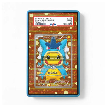 A PSA graded protective slab for a Pokémon card, featuring a blue border and a red glittery background with gold bokeh. The top label shows PSA branding and grading details, and a sample Pokémon character card is visible inside the clear display.