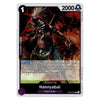 A single trading card for Hannyabal from the Clash of the Silkrats, featuring dark fantasy artwork of a horned character against a fiery red and black background. The card has a silver border with black, purple, and white design elements, and text showing '2000' and '1'.
