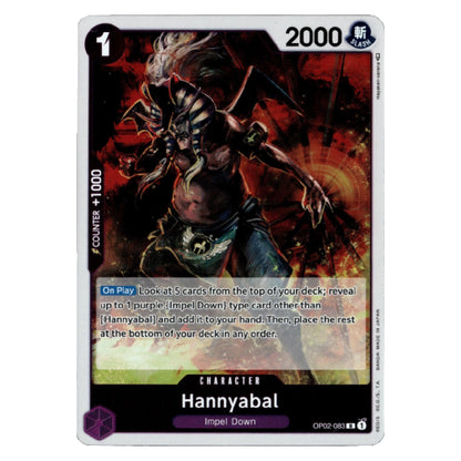 A single trading card for Hannyabal from the Clash of the Silkrats, featuring dark fantasy artwork of a horned character against a fiery red and black background. The card has a silver border with black, purple, and white design elements, and text showing '2000' and '1'.