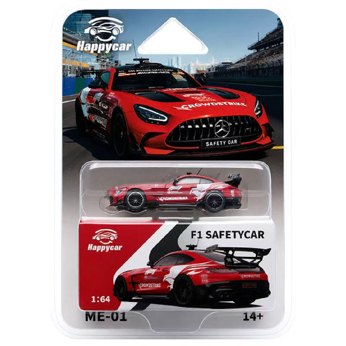 Happycar 1:64 scale Mercedes-AMG GT F1 Safety Car die-cast model car featuring a red and white racing livery, black alloy-style wheels, rear spoiler, and detailed Mercedes design, displayed in original collectible blister packaging, model ME-01.