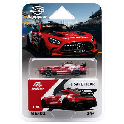 Happycar 1:64 scale Mercedes-AMG GT F1 Safety Car die-cast model car featuring a red and white racing livery, black alloy-style wheels, rear spoiler, and detailed Mercedes design, displayed in original collectible blister packaging, model ME-01.