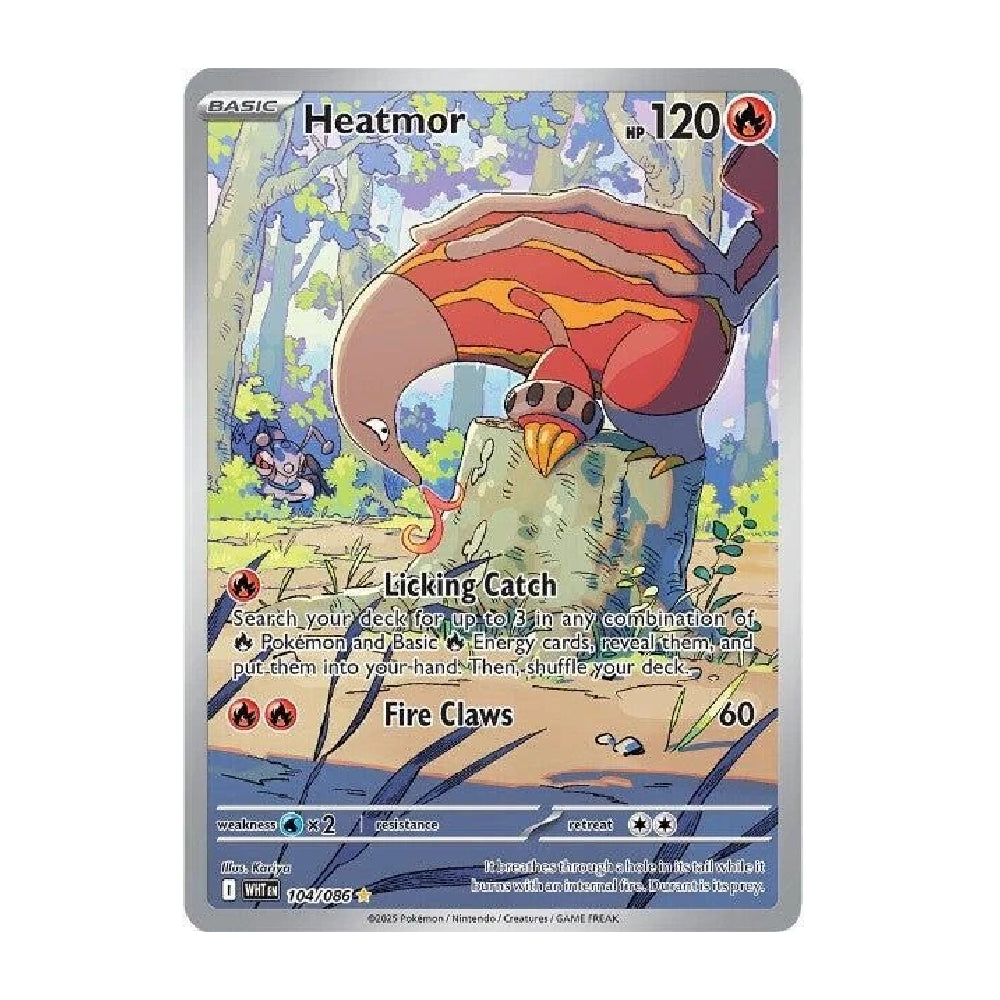 A single Pokémon trading card for Heatmor from the Basic Set, shown against a plain white background. The card features illustrated artwork of a red and orange insect-like creature on a tree in a forest, with game text and stats printed on the front.