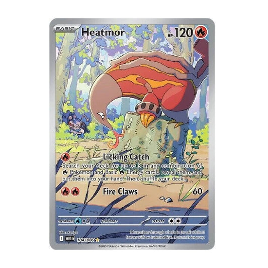 A single Pokémon trading card for Heatmor from the Basic Set, shown against a plain white background. The card features illustrated artwork of a red and orange insect-like creature on a tree in a forest, with game text and stats printed on the front.
