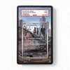 Card holder with a trading card featuring a character and text on a white background