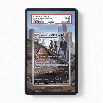 Card holder with a trading card featuring a character and text on a white background