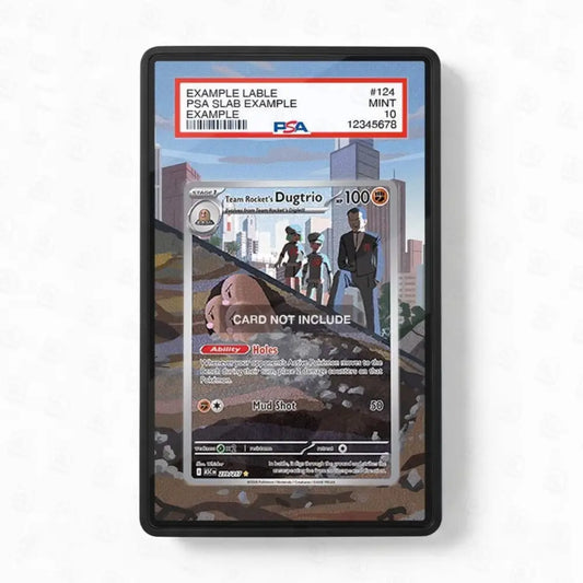 Card holder with a trading card featuring a character and text on a white background