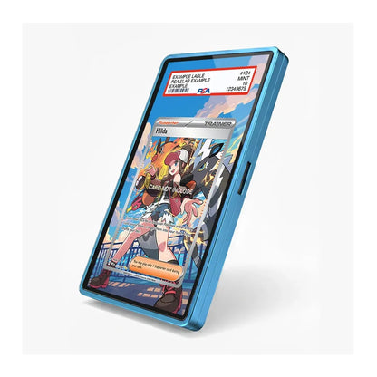 A blue protective phone case shown at an angle on a light gray background, displaying a sample anime trading card on its screen.