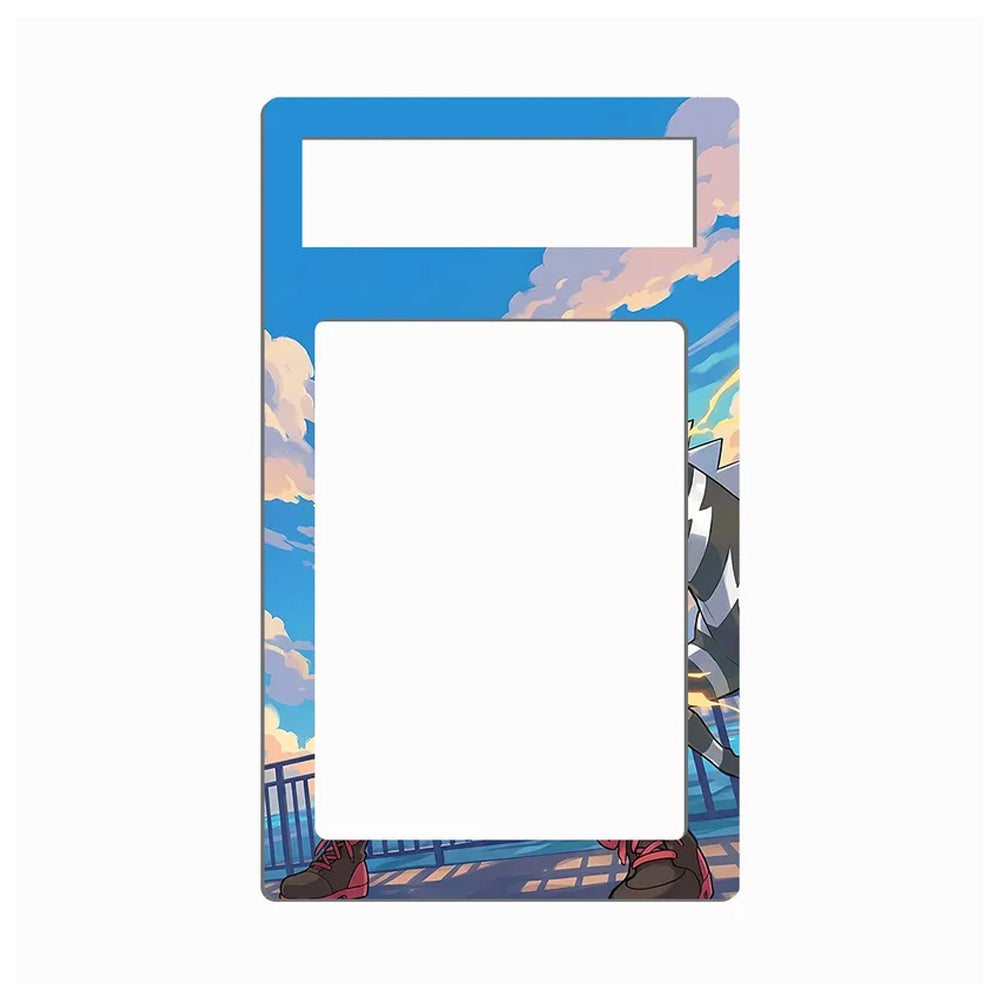 A rectangular picture frame with rounded corners, featuring an anime-style sky and clouds print in blue, white, and peach tones. The frame has a top horizontal slot and a large vertical slot in the center, shown on a plain white background.