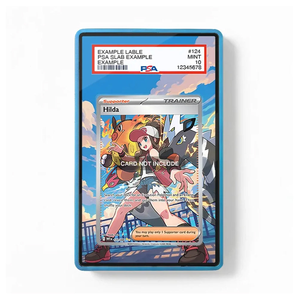 A PSA graded protective slab containing a Pokémon Hilda trainer card, shown against a plain white background. The slab has a blue border and a blue sky illustration, with a red PSA grading label at the top.