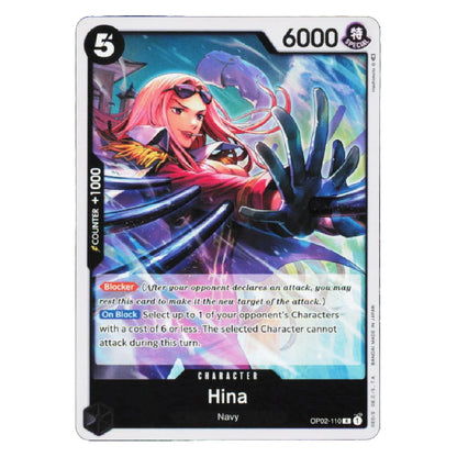 A single trading card featuring Hina from the game Yu-Gi-Oh! in an illustration with pink hair and a blue energy effect. The card has a black border with white text areas, including the number 6000 in the top right and the character name Hina at the bottom.