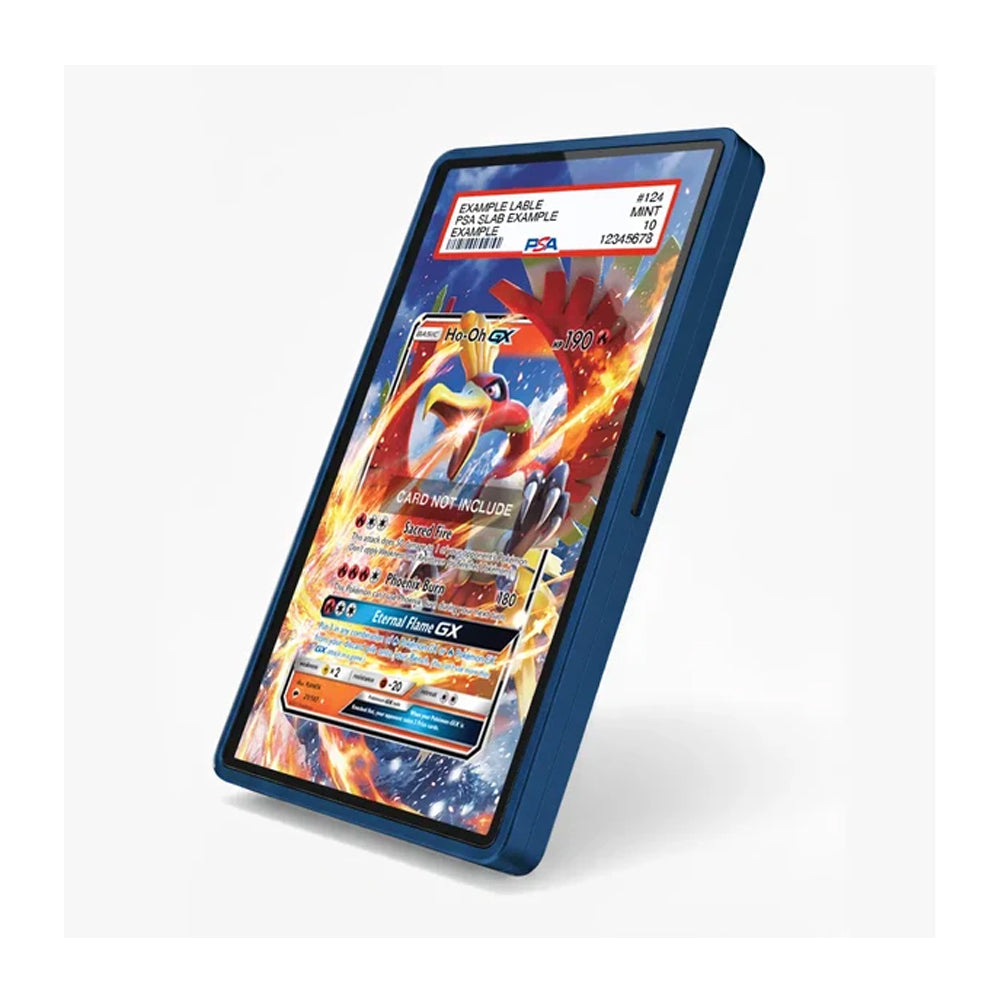 A blue protective phone case shown on a smartphone, which displays a colorful Pokémon trading card game screen. The case is photographed on a clean, light gray background with a soft shadow.