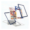 A set of custom protective card sleeves and frames displayed on a clean white background. The set includes a clear sleeve with a dark blue border holding a graded Pokémon TCG card, a decorative sleeve with a blue and orange flame pattern, and two empty dark blue frames.