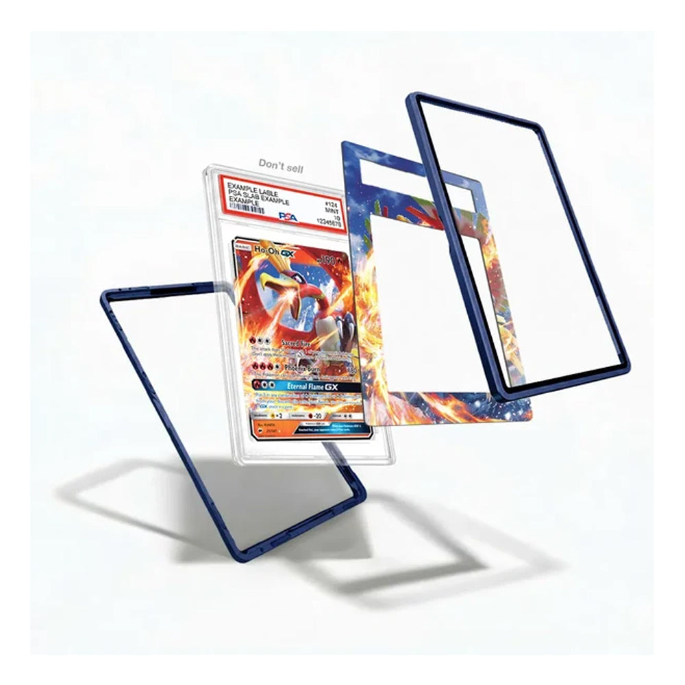 A set of custom protective card sleeves and frames displayed on a clean white background. The set includes a clear sleeve with a dark blue border holding a graded Pokémon TCG card, a decorative sleeve with a blue and orange flame pattern, and two empty dark blue frames.