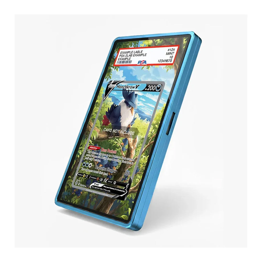 A blue protective phone case with a clear screen protector, shown on a white background. The screen protector features a sample Pokémon card design with a PSA authentication sticker in the top left corner.