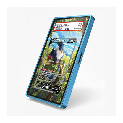 A blue protective phone case with a clear screen protector, shown on a white background. The screen protector features a sample Pokémon card design with a PSA authentication sticker in the top left corner.
