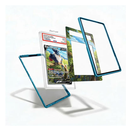 Three clear protective card sleeves with bright blue edges are shown floating against a white background, with one sleeve containing a graded Pokémon card and another sleeve showing a printed forest card design.