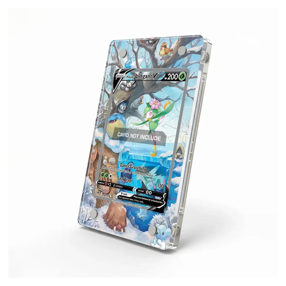 A clear acrylic display stand featuring a printed winter forest illustration with a Pokémon card design, shown on a clean white background.