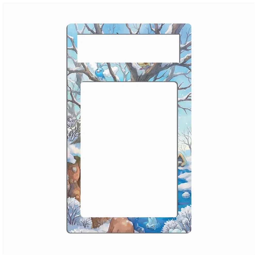 A rectangular decorative plate or cover with rounded corners featuring a winter forest illustration. The border shows snow-covered trees, blue sky, and small birds, with a large blank white center cutout and a smaller blank white top cutout.
