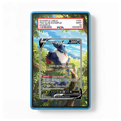 A PSA graded sample trading card slab with a blue border and a printed card featuring a blue jay in a forest scene. The slab includes a red PSA label at the top and a 'CARD NOT INCLUDE' watermark across the center.