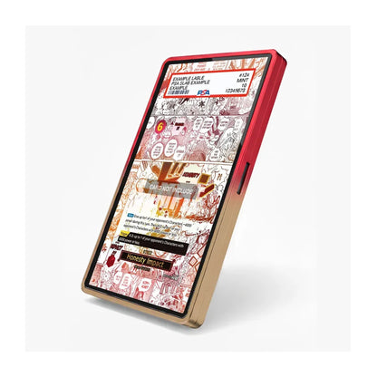 A tablet device shown at an angle on a light gray background, featuring a red outer frame and a gold inner bezel. The screen displays a comic-style digital interface with text and illustrations.