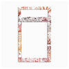 A rectangular decorative frame or border with a white center and a patterned border featuring red, orange, and black comic-style illustrations and text, shown on a plain white background.