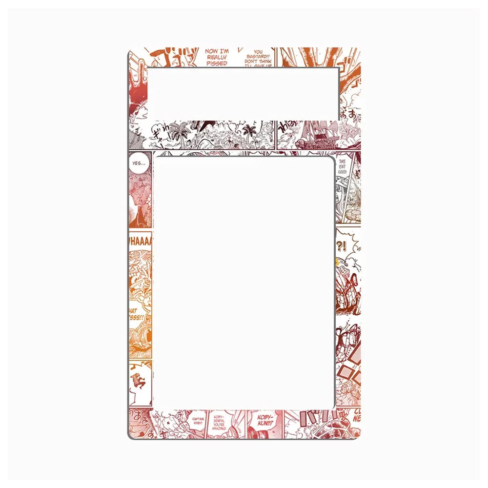 A rectangular decorative frame or border with a white center and a patterned border featuring red, orange, and black comic-style illustrations and text, shown on a plain white background.