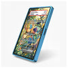 A blue protective phone case shown at an angle on a light gray background, featuring a printed sample Pokémon trading card design on the screen area.