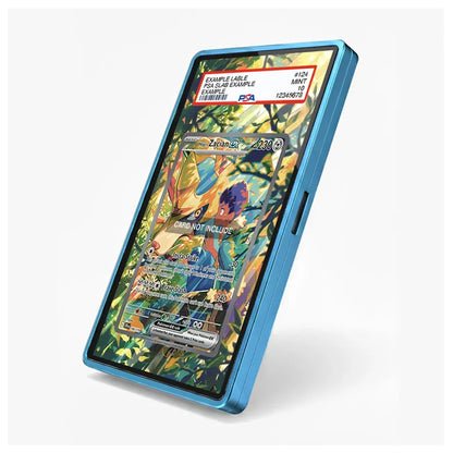 A blue protective phone case shown at an angle on a light gray background, featuring a printed sample Pokémon trading card design on the screen area.