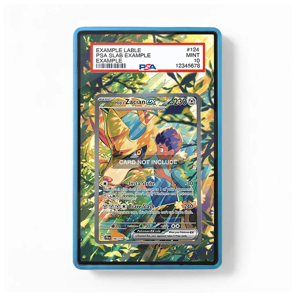 A PSA graded slab containing a holographic Pokémon Zekran card, showing a blue border and a PSA label at the top, photographed against a clean white background.