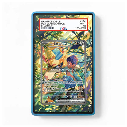 A PSA graded slab containing a holographic Pokémon Zekran card, showing a blue border and a PSA label at the top, photographed against a clean white background.