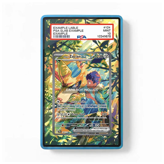A PSA graded slab containing a holographic Pokémon Zekran card, showing a blue border and a PSA label at the top, photographed against a clean white background.
