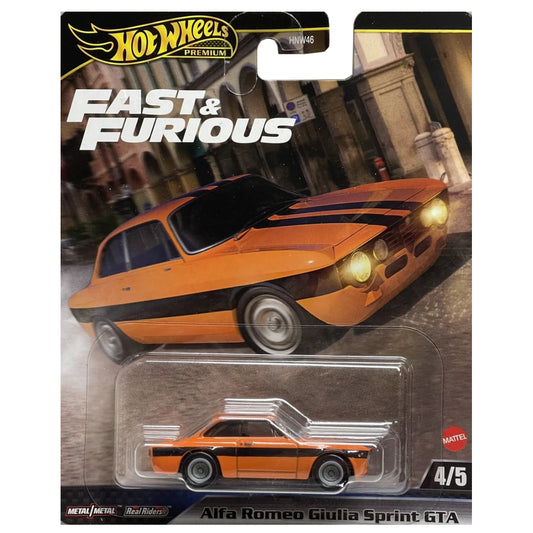 Hot Wheels Premium Fast & Furious Alfa Romeo Giulia Sprint GTA 1:64 scale die-cast collectible toy car in orange with black racing stripes, Metal/Metal body and Real Riders wheels, sealed Mattel blister packaging, series 4/5.