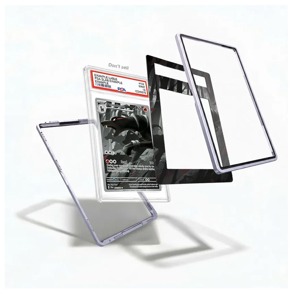 A set of transparent and black protective frame or lens pieces arranged in an exploded layout on a clean white background, with a collectible card partially visible behind them.