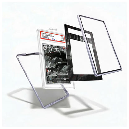 A set of transparent and black protective frame or lens pieces arranged in an exploded layout on a clean white background, with a collectible card partially visible behind them.