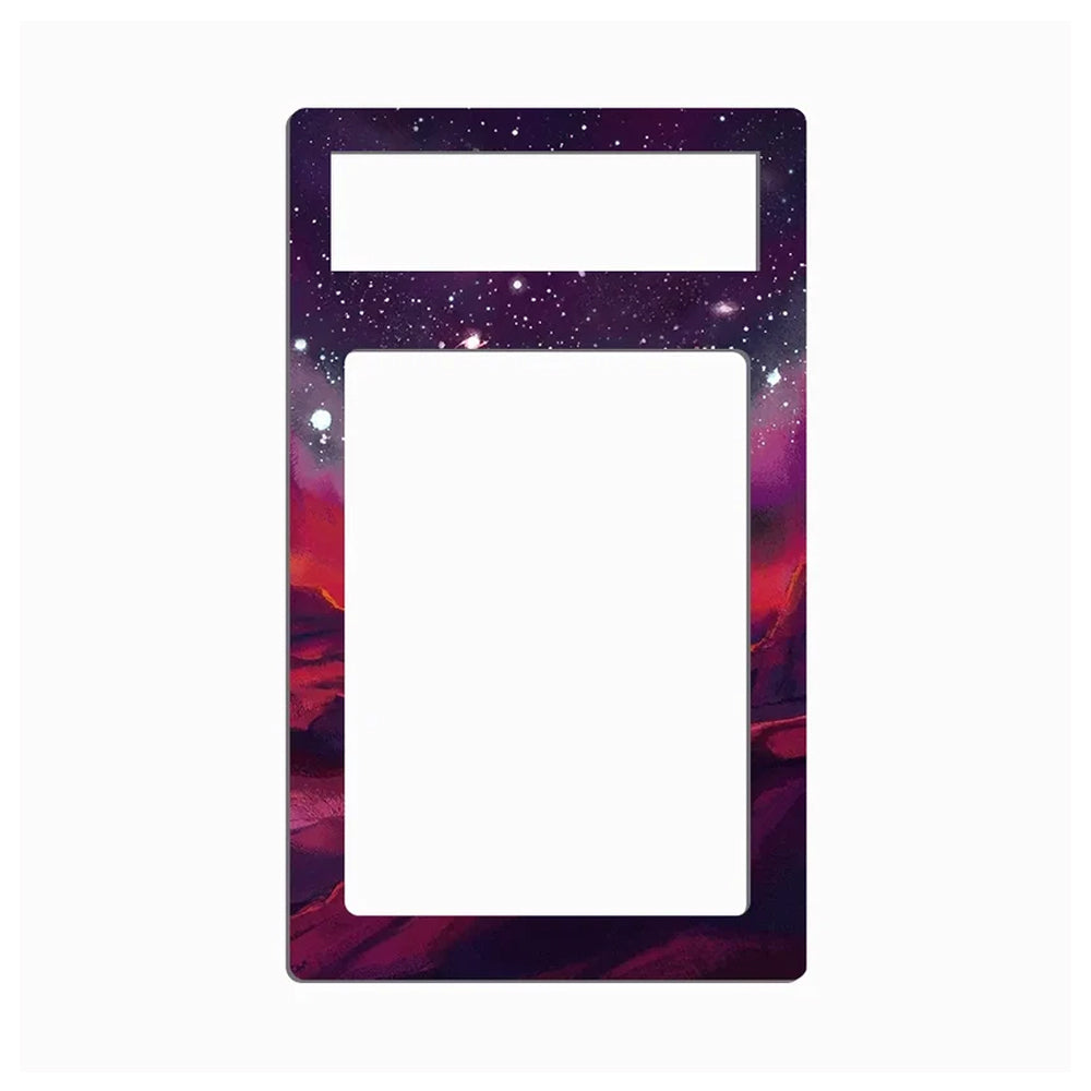 A decorative rectangular frame or plate with rounded corners, featuring a purple and pink galaxy landscape print with stars, shown on a plain white background.