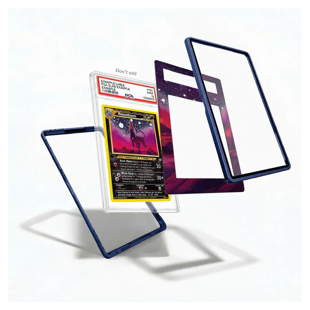 A clear protective case for a collectible trading card, shown with a graded Pokémon TCG card inside and several floating dark blue transparent bumper frames around it on a white background.
