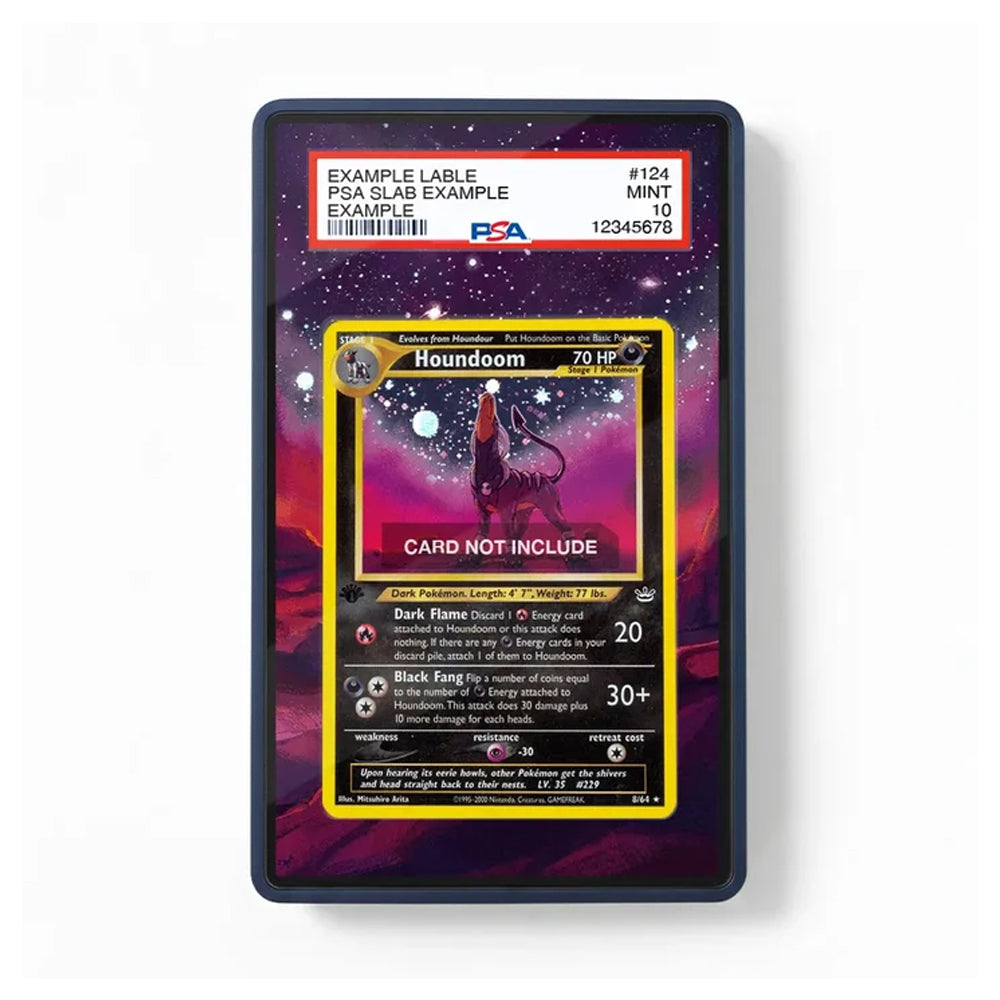 A PSA graded protective case containing a Pokémon Houndoom card, shown against a clean white background. The case features a dark purple and pink nebula design with a red PSA slab label at the top.