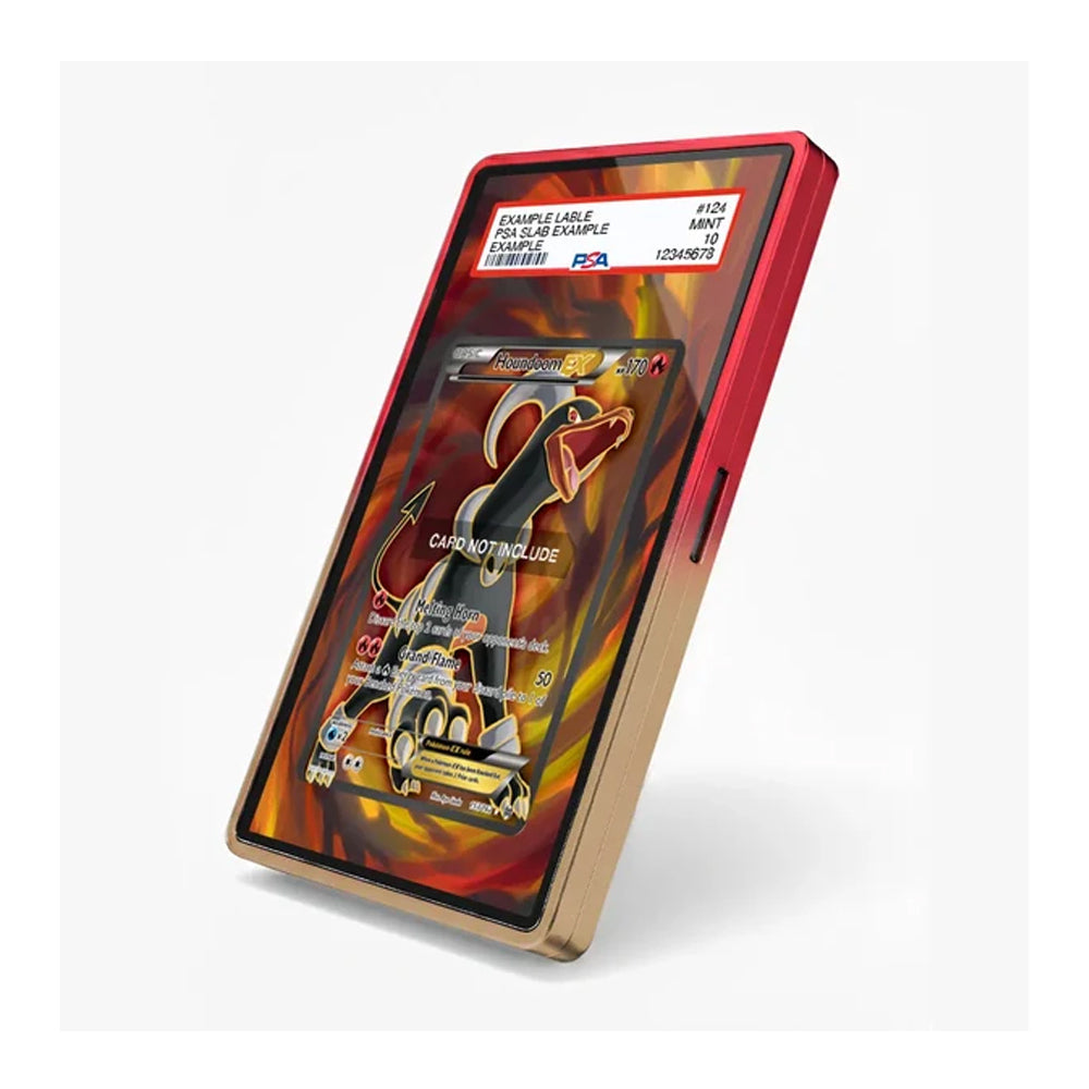 A custom red and gold magnetic card case holding a PSA graded holographic Pokémon card, shown on a clean white background.