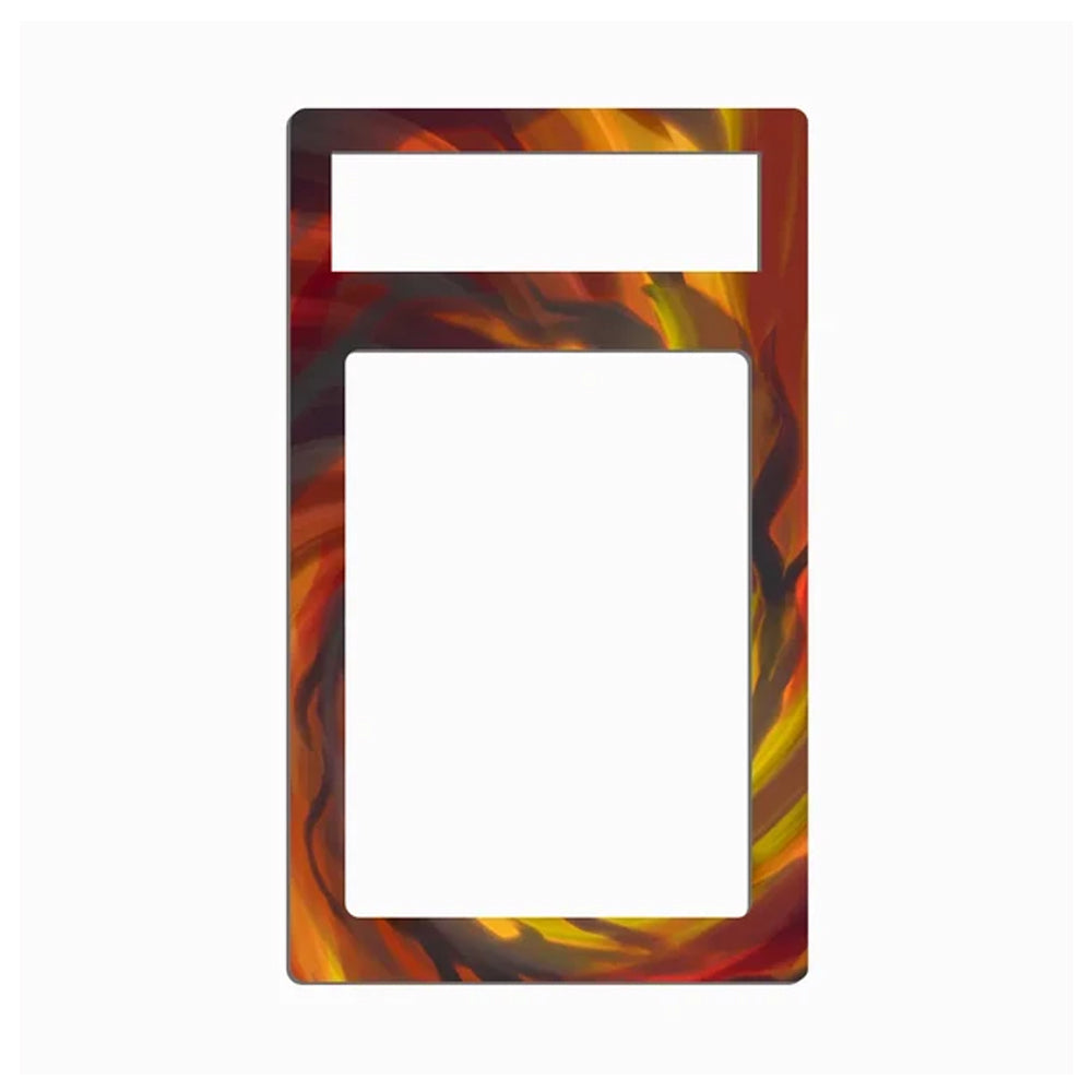 A rectangular decorative plate or frame with a marbled swirl pattern in red, orange, yellow, and dark brown tones, featuring two cutout slots on a plain white background.