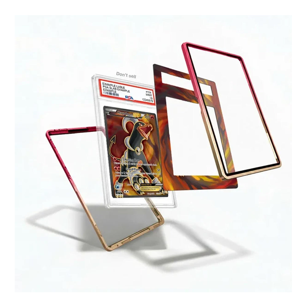 Three transparent protective frames for cards, shown floating around a graded Pokémon TCG card in a clear plastic slab. The frames have metallic rose-gold and gold edges, with one frame showing a red tint.
