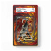 A PSA-graded Pokémon card in a clear display slab with a red border, shown on a plain white background. The slab includes a PSA label at the top and a printed flame-style insert behind the card.