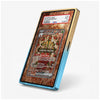 A slim rectangular collectible card slab or display case shown standing upright at an angle on a light gray studio background. The product has a blue lower edge, a gold upper edge, and a textured reddish-brown interior with a sample trading card mounted in the center.