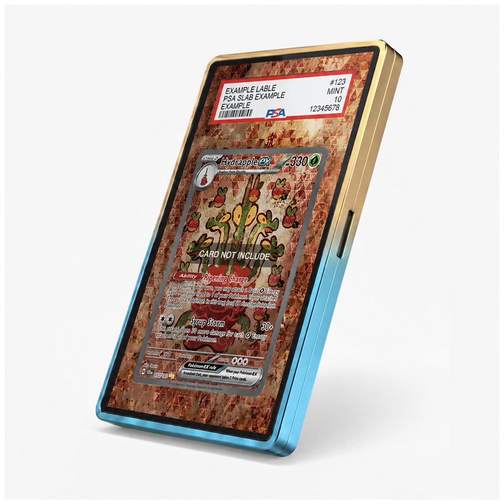 A slim rectangular collectible card slab or display case shown standing upright at an angle on a light gray studio background. The product has a blue lower edge, a gold upper edge, and a textured reddish-brown interior with a sample trading card mounted in the center.
