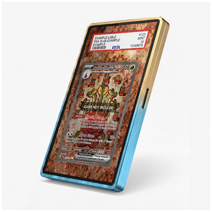 A slim rectangular collectible card slab or display case shown standing upright at an angle on a light gray studio background. The product has a blue lower edge, a gold upper edge, and a textured reddish-brown interior with a sample trading card mounted in the center.