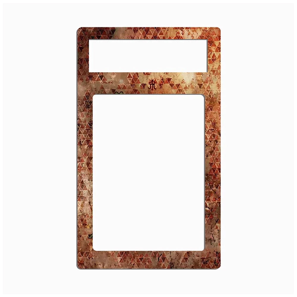 A rectangular decorative frame or plate with a geometric mosaic pattern in earthy tones of brown, rust, and beige, featuring a smaller horizontal slot at the top and a large vertical slot below, shown on a plain white background.