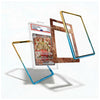 A custom acrylic display stand featuring a transparent blue-to-gold gradient frame, a rusted brown-to-gold gradient frame, and a clear stand holding a graded collectible card.