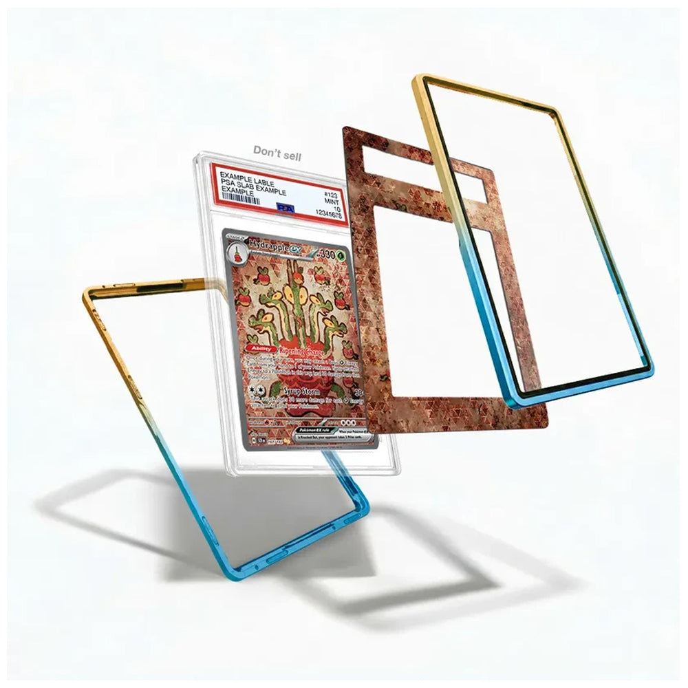 A custom acrylic display stand featuring a transparent blue-to-gold gradient frame, a rusted brown-to-gold gradient frame, and a clear stand holding a graded collectible card.