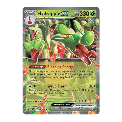 A single Pokémon trading card for Hydrapple ex, shown against a plain white background. The card features artwork of green and red Hydrapple vines, with the name 'Hydrapple ex' at the top, HP 330, and attack text including 'Ripening Charge' and 'Syrup Storm'.