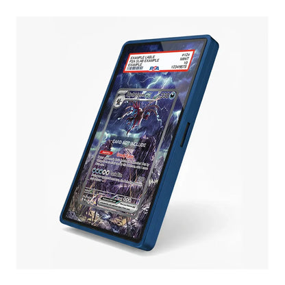 A blue protective phone case with a transparent screen protector showing a Pokémon trading card game insert, displayed on a clean white background.
